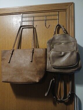 Bundle of Urban Expressions Vegan Leather Set: Tote & Backpack - Brown/Taupe